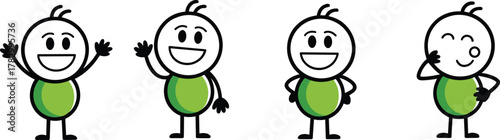 Stick figure gesture illustration set, cartoon-style emotion and pose vector, green torso character pack, expressive human icon collection