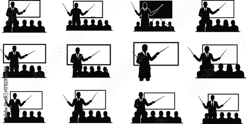 Presenter silhouette teaching audience, classroom training concept, black vector icons, education scene, public speaking pose, instruction board, learning session