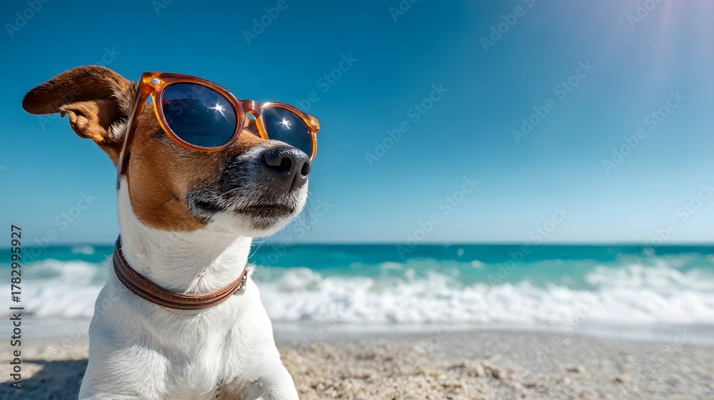 Fototapeta premium Small terrier type dog wearing protective eyewear rests on a sandy shore beside bright blue ocean water.