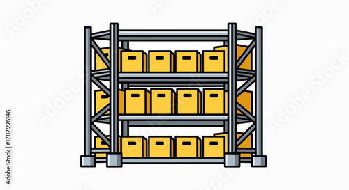 Organized Warehouse Storage Rack with Yellow Boxes - Inventory Management Illustration