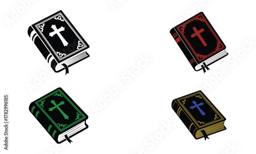 Colorful holy book icon set with cross symbol on white background  
