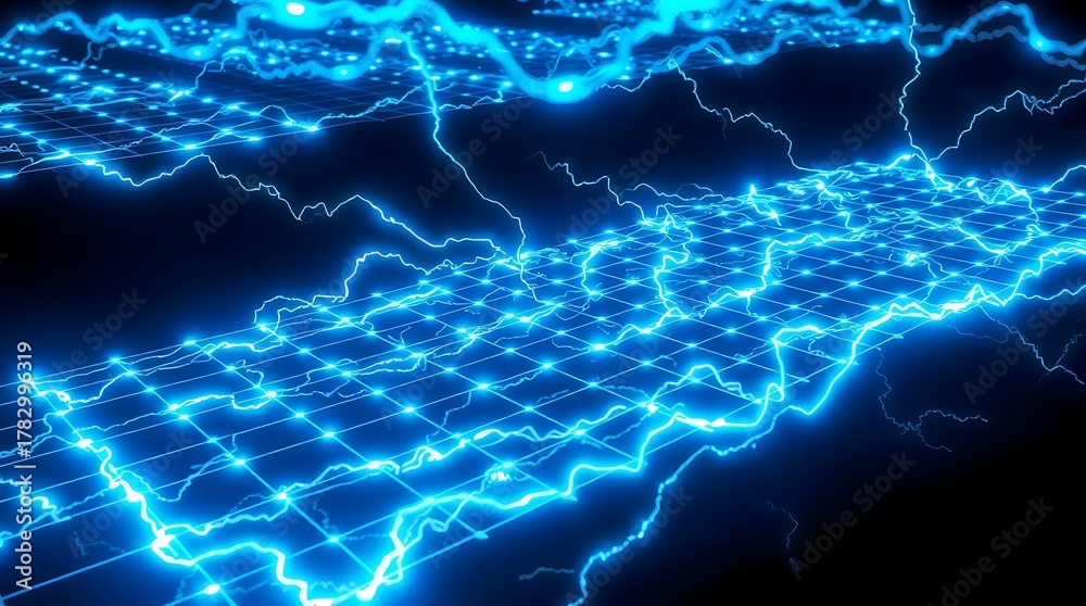 Obraz premium Glowing blue grid with lightning on a dark background