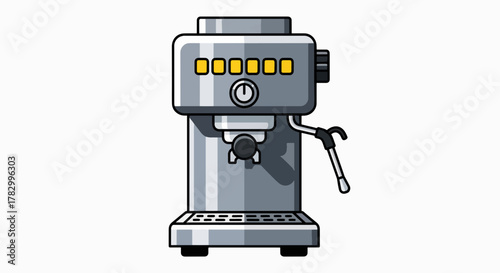 Modern Espresso Machine Illustration: Sleek Silver Coffee Brewer with Yellow Buttons