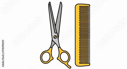 Essential Hair Care Tools: Stylist Scissors and Yellow Comb Illustration