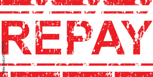 Red distressed repay text with horizontal lines above and below on a white background surface design