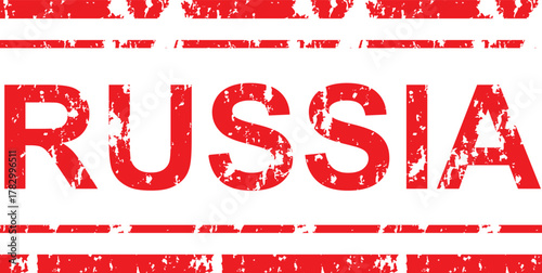 The word russia in red distressed font with horizontal lines above and below on a white background