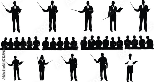 Teacher and student silhouette, classroom training vector, black icons, education scene, seminar illustration, learning group, instruction pose, teaching concept
