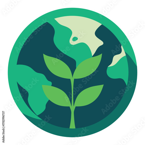 Green plant growing from Earth globe in a circle on white background