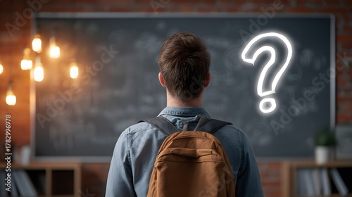 Young person with backpack faces glowing question mark on classroom chalkboard