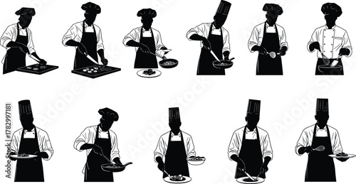Chef silhouette cooking, black vector icons, culinary action poses, kitchen scene, food preparation, professional cook, restaurant staff, plating, chopping, stirring