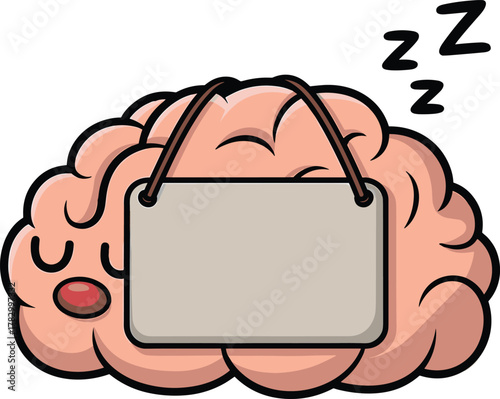 Sleeping brain cartoon, mental rest concept, relaxed mind illustration, cognitive health, funny neuroscience art, blank sign, Zzz symbol, stock graphic