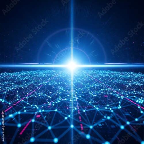 Abstract digital network grid with bright blue light emanating from the center, representing data flow and connectivity