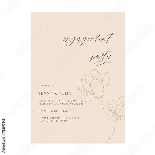 Engagement party invitation template with large, continuous single-line drawings of magnolia flowers on a soft brown background