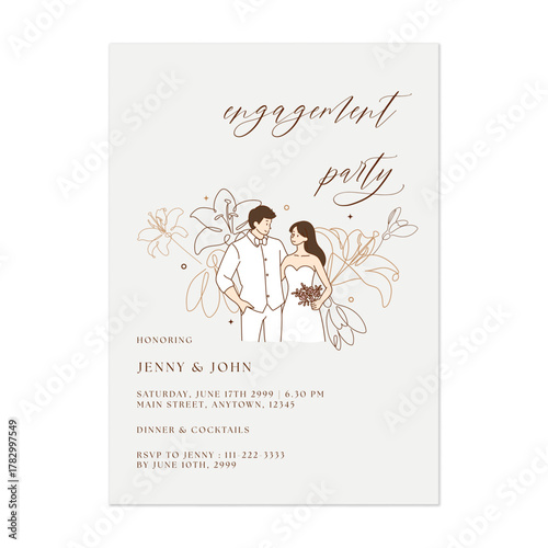 Engagement party invitation template with outlined illustration of the honore...