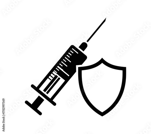 A black icon of a medical syringe next to a protective shield, symbolizing vaccination and immunity.