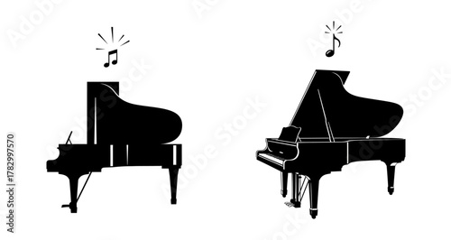 Two black grand piano silhouettes with musical notes above them, isolated on a white background, representing music and performance.