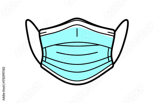 Illustration of a light blue surgical face mask with white ear loops, front view.