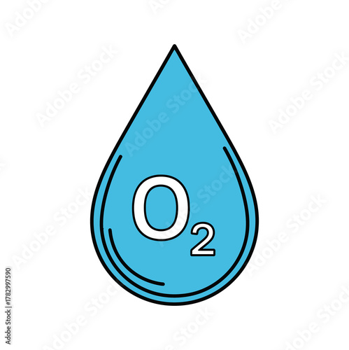 Oxygenated water drop illustration with O2 symbol inside, blue color.