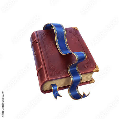 Vintage Old Leather Bound Book With Decorative Blue Ribbon And Gold Detailing From 1622 Isolated On Transparent Background