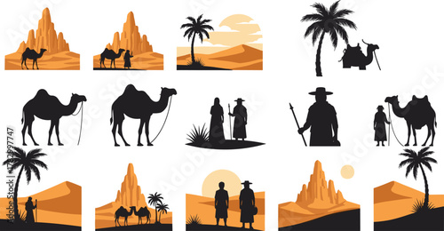 Desert life silhouettes, camel caravan, nomadic culture, rocky formations, palm trees, sun and moon, black vector, travel icons, traditional attire, desert landscape, Middle Eastern theme