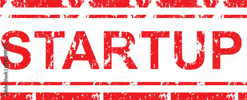 A red startup text with distressed texture and horizontal lines on a white background illustration