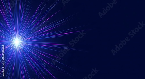 Abstract blue and purple light burst emanating from a bright white core against a dark navy blue background