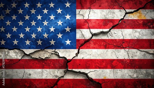 A cracked and fragmented American flag painted on a rough surface evokes themes of division
