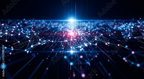 Abstract digital network with glowing nodes and connections, representing data flow and technology