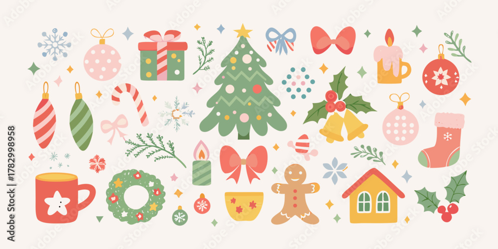 Fototapeta premium Collection of cute hand drawn christmas and winter holiday elements and decorations