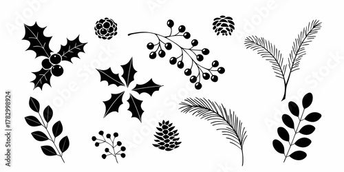 Collection of black silhouette christmas and winter botanical elements including holly berries pine cones and evergreen branches
