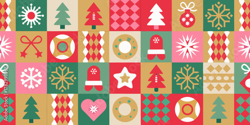 Retro christmas geometric pattern with festive icons and repeating motifs