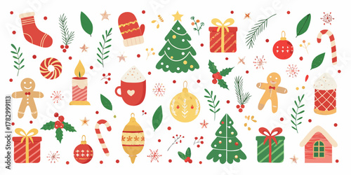 Collection of festive christmas elements including trees gifts ornaments and gingerbread cookies on a white background