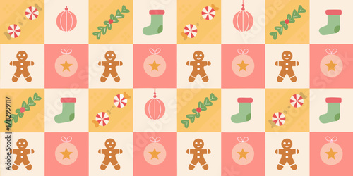 Cute christmas seamless pattern with gingerbread cookies ornaments candy canes and stockings