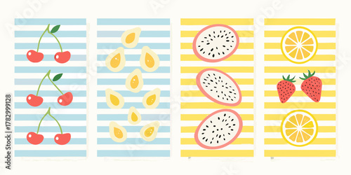 Set of four colorful fruit illustrations on striped backgrounds including cherries dragon fruit lemon and strawberry