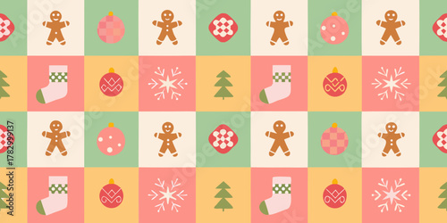 Cute christmas pattern with gingerbread men stockings snowflakes and ornaments on a pastel grid background