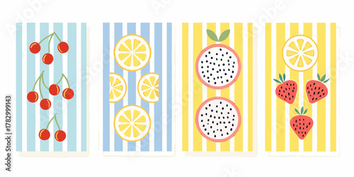 Four vertical panels featuring colorful fruits like cherries lemons dragon fruit and strawberries on striped backgrounds