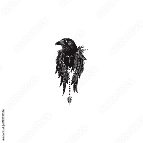 vintage engraving illustration of a raven or crow's head wearing ornate necklaces, beaded jewelry