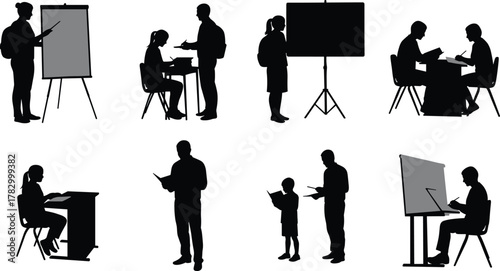 Education silhouette vector, teacher student clipart, classroom activity icon, black learning graphic, tutoring pose illustration, academic scene design