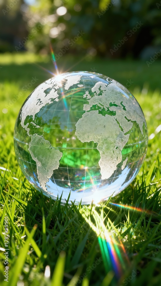 Obraz premium Transparent globe resting on grass with sunlight creating rainbow reflections