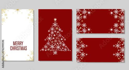 Christmas cards with snowflakes and tree on red and white backgrounds.