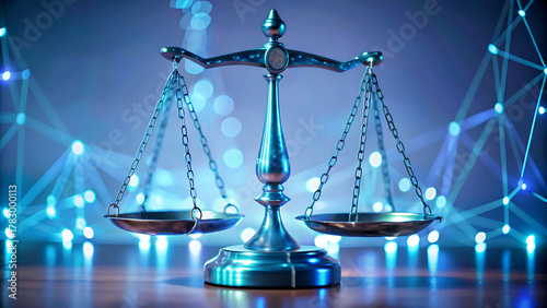 Scales of justice symbolizing law and balance with a futuristic interconnected network background for legal tech and innovation concepts