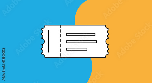 Simple illustration of a white ticket with a dashed line and text fields, set against a dynamic background of blue and orange colors.