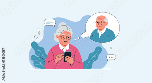 Happy elderly woman video calling an elderly man on her smartphone, demonstrating how senior couples stay connected using modern mobile technology.