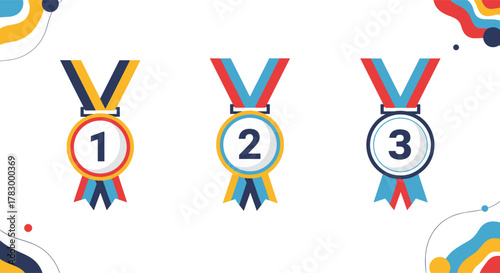 Gold, silver, and bronze medals with ribbons representing first, second, and third place achievements in a competition.