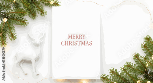 Festive Christmas card with deer figurine and evergreen branches.