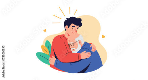 A younger man embraces an older man, showing love and support in a heartwarming moment of family connection.