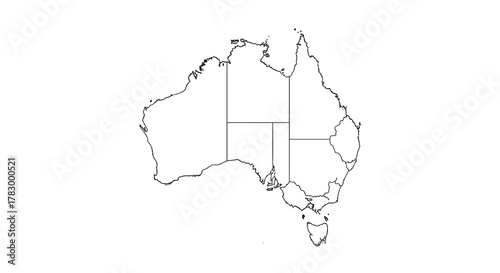 An outline map of Australia showing the borders of its states and territories on a white background, perfect for educational or geographical content.