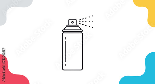 A minimalist line art illustration of an aerosol spray can emitting a fine mist, set against a clean white background with subtle colored abstract shapes.