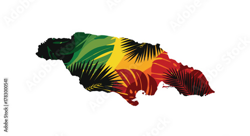 A stylized map of Jamaica, colored with vibrant green, yellow, and red gradients, and adorned with tropical palm leaf silhouettes, embodying island culture.