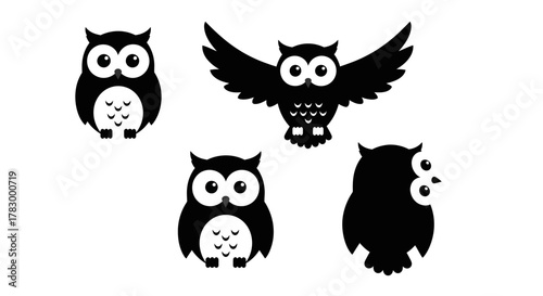 Black owl silhouettes with transparent background
